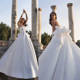 elegant satin wedding dresses sexy strapless sleeveless backless ruched wedding gown simple big sash sweep train robes de marie cheap