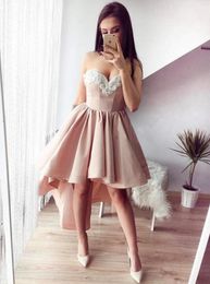 Simple Cheap Prom Dresses Sweetheart Lace Appliques Zipper Back Homecoming Dresses Ruffles High Low 2019 Fashion Formal Evening Dresses
