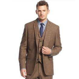 New Slim Fit Two Buttons Brown Tweed Wedding Groom Tuxedos Notch Lapel Groomsmen Men Suits Prom Blazer (Jacket+Pants+Vest+Tie) 170