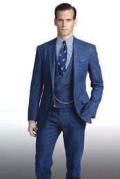 Autumn Winter Popular Blue Tweed Groom Tuxedos Notch Lapel Two Button Fashion Men Wedding Dress Men 3 Piece Suit(Jacket+Pants+Tie+Vest) 998