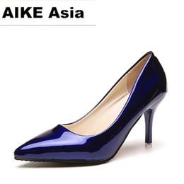 2018 HOT Women Shoes Pointed Toe Pumps Patent Leather Dress High Heels Boat Shoes Wedding Shoes Zapatos Mujer Blue sexy