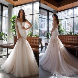 Oksana Mukha Wedding Dresses Sexy Deep V Neck Long Sleeves Button Back Bridal Gowns Lace Appliques Beads Sequins Mermaid Wedding Dress