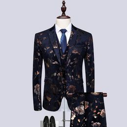 Classic men's suit fashion retro print men's suit three-piece suit (jacket + pants + vest) wedding banquet formal dress