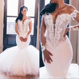 Modest Mermaid Wedding Dresses Off Shoulder Illusion Long Sleeves vestido de noiva Lace Appliques Slim Formal Bridal Gowns Plus Size