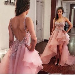 Dusty Pink High Low Prom Dresses Organza Exposed Boning Evening Dress Sexy Custom made Spaghetti Straps Cocktail Party Dresses