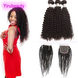 Indian Kinky Curly Virgin Human Hair Wefts Lace Closure 4X4 With Bundles 10-28inch Bundles With Lace Closure Baby Hair