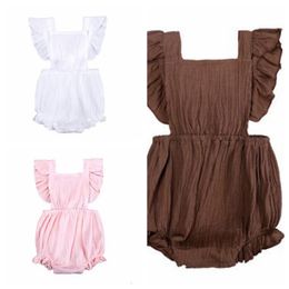 Ins Kids Clothes Baby Girls Rompers Infant Ruffles Flutter Sleeve Jumpsuits Newborn Backless Lace Up Onesies Child Solid Bodysuit ZYQA453