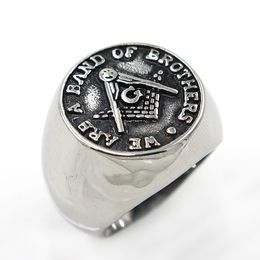 Retro silver antique black square compass stainless steel ring men's freemason masonic gifts item jewelry with words WE ARE A BAND OF BROTHERS