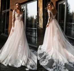 New Blush Pink Lace and Tulle Country Boho Wedding Dresses V Neck Long Sleeves Beach Bohemian Bridal Gowns Sweep Train Vestidos De Noiva