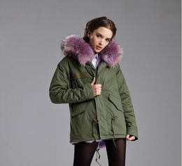 good quality Luxury Lavender raccoon fur trim hoody female coats Meifeng brand Lavender rabbit fur lining army green canvas mini parkas