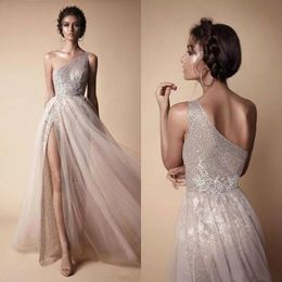 One Shoulder Prom Dresses Berta Elegant Tulle Lace Long Split Floor Length Formal Evening Dresses Party Wear vestidos de fiesta