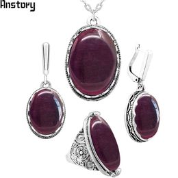 Oval Transparent Purple Opal Jewelry Set Necklace Earrings Ring Antique Silver Plated Stainless Steel Chain Fashion Jewelry