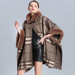 Europe Autumn Winter Women's Knitted Cloak Cape Coat Faux Fur Collar Tops Lady's Cardigan Plaid Poncho Outwear Coat C4056