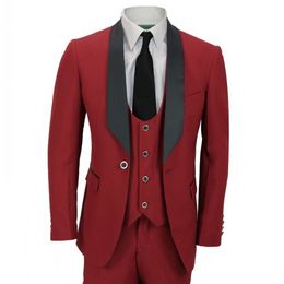 Burgundy Groom Tuxedos Black Shawl Lapel Men Wedding Tuxedos Popular Men Business Dinner Prom Blazer 3 Piece Suit(Jacket+Pants+Tie+Vest)1052