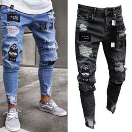 Men Distressed Biker Jean Casual Patches Ripped Denim Knee Holes Hip Hop Destroyed Jeans