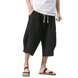 Summer Men Linen Pants 2019 Men Wide Leg Trousers Male Drop Crotch Chinese Style HipHop Man Joggers Calf-Length Pants Track Pant