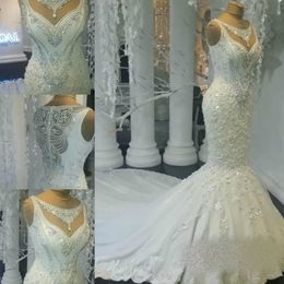 Luxury Crystal Mermaid Wedding Dresses 2019 Sleeveless Stunning Lace Applique Beaded Bridal Gowns Zipper Back Custom Made Vestido De Novia