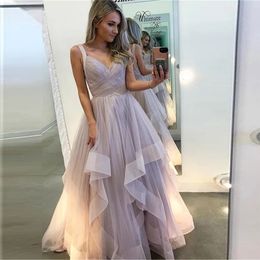 Lavender Tiered Tulle Long Evening Dress Robe de Soiree Sexy V Neck Spaghetti Straps Evening Party Dresses