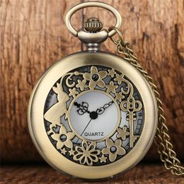 Antique Hollow Flower Case Pocket Watch Classic Lady Women Quartz Analog Watches Necklace Chain Cool Clock