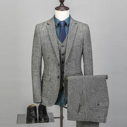 Men's Vintage Wedding Suits 3 Pieces Tweed Fleck Two Button Gray Groom Wear Custom Made New Jacket Blazer