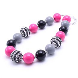 Hot Pink+Grey Colour Kid Chunky Bead Necklace Fashion Toddlers Girls Bubblegum Bead Chunky Necklace Jewellery Gift For Children