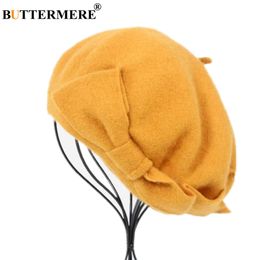 BUTTERMERE French Beret Hat Women Wool Beret Beanie Yellow Autumn Winter Bow Warm Woollen Elegant Ladies Solid Korean Painter Hat