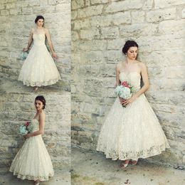 Elegant A Line Wedding Dresses Lace Applique Tulle Wedding Gowns Strapless Ankle Length Bribal Gowns Vestidos De Novia