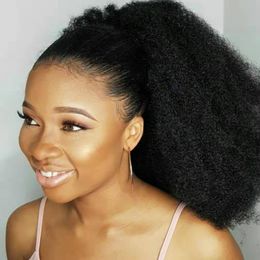 Easy Ponytail Hairstyles Clip In Human Hair Drawstring Ponytail 1b Afro Puff Curly Wrap pony tail Afro puffs Virgin Curly pony tails 140g