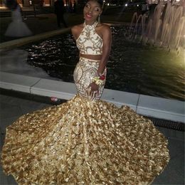 Two Pieces Prom Dresses African Halter Sequined Appliques Lace Formal Dresses Evening Wear Flowers Train Plus Size Black Girls Party Dress