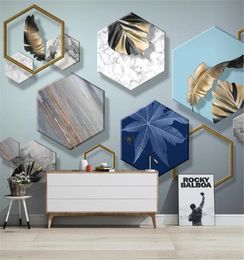 Wholesale 3d Paper Wall Nordic Modern Simple Cubism Golden Plant Leaf TV Background Wall Bedroom Wallpaper