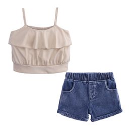 Ins Summer Baby Girls Set Kids Strap Mini Sun-top + Jeans Denim Shorts Girl 2pcs Clothes Set Children Outfits Clothing Suits 14384