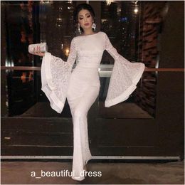 Cheap White Full Lace Mermaid Evening Dresses Jewel Neck Poet Long Sleeve Prom Gown Abric Dubai Sweep Train Formal Party Wear ED1155