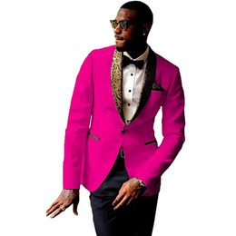 New Arrival Groomsmen Hot Pink Groom Tuxedos Shawl Pattern Lapel Men Suits Wedding Best Man Bridegroom Blazer (Jacket + Pants + Tie) L264