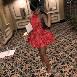 New Sexy Red Halter Cocktail Dresses Lace Appliques Sequins Homecoming Dress Backless Short Prom Dress Mini Skirt BC1323