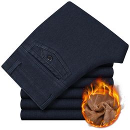 2018 New Classic Business Jeans For Men Winter Warm Fleece Thickening Black Pants Mens Casual Straight Slim Trousers Male WFY02
