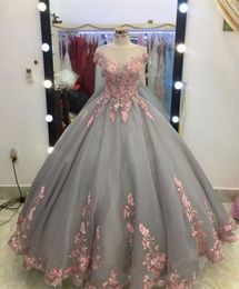 2020 New Luxurious Quinceanera Ball Gown Dresses Illusion Neck Pink Lace Appliques Short Sleeves Sweet 16 Plus Size Party Prom Evening Gowns