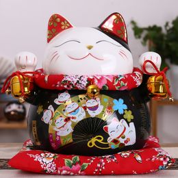 10 pulgadas Negro Cerámica Maneki Neko Ornamento Lucky Cat Caja de Dinero Fortune Cat Estatuilla China Estatua Hucha con Campanas
