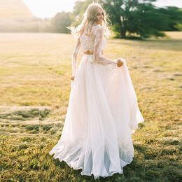 Two Pieces Lace Top Bohemian Long Sleeve Wedding Dresses 2020 Sheer Neck Chiffon Skirt Country Wedding Dress