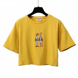 Harajuku Style Summer Women 'S T Shirt Cartoon Embroidery Female Cotton T-Shirt Short Sleeve Ladies Yellow Crop Tops Trend