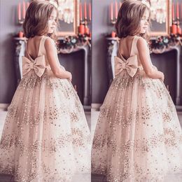 champagne sequined flower gilr dresses bow ball gown vintage little girl wedding dresses beautiful child pageant dresses gowns
