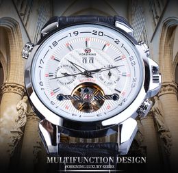 Forsining White Tourbillon Mechanical Men Watches Automatic Calendar Skeleton Genuine Leather Belts Wristwatch Relogio Masculino256u