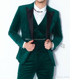 Newest Velveteen Groomsmen Peak Lapel Wedding Groom Tuxedos Men Suits Wedding/Prom/Dinner Best Man Blazer(Jacket+Tie+Vest+Pants) 570