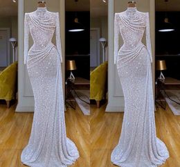 New Arrival Bling Bling Elegant Mermaid Evening Dresses High Jewel Neck Sequins Long Sleeve Sweep Train Formal Dress Evening Party253o