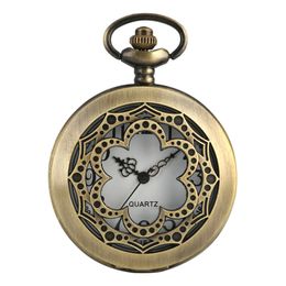 Classic Ancient Hollow Out Flower Design Case Quartz Pocket Watch Women's Clock Analog Display Timepiece Necklace Chain Gifts