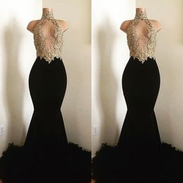 Gold Beaded Lace Applique Mermaid Prom Dresses Sexy Halter African Evening Party Dress Long robe de soiree