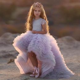 Hot Lovely Little Girls Pageant Dresses Jewel Neck Lace Cascading Tiered High Low Length Cheap Girls Dress For Wedding Birthday Gowns