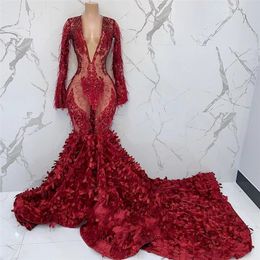 Illusion Plus Size Evening Dresses Long Sleeves Appliques Sequins Mermaid Prom Dress African Black Girl Formal Party Wear vestidos de fiesta