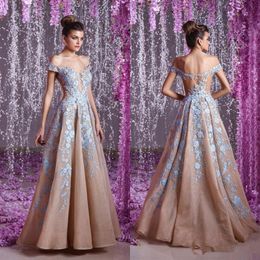 Toumajean Couture Backless Evening Dresses Off Shoulder Plunging Neck Beaded Prom Gowns A-Line Floor Length Appliques Evening Dress 4035