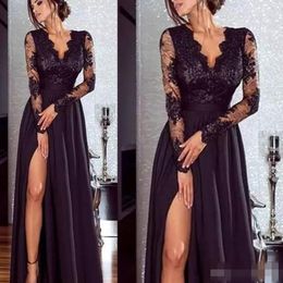 2019 Long Sleeves Black Prom Dresses Sexy Side High Slit Split Deep V Neck Chiffon Floor Length Plus Size Custom Made Evening Party Gown 401 401