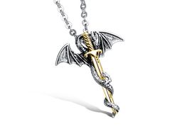 New fashion luxury designer rock style vintage dragon sword riligious cross titanium steel men pendant necklace